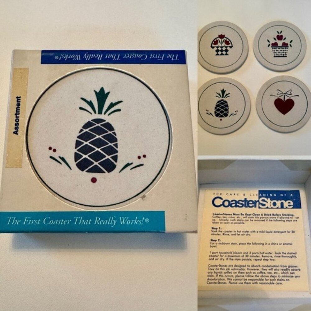Vintage Americana Coaster Stone Set coasters Pineapple Hearts baskets apples New